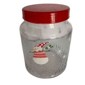 Snowman Glass Storage Jar with Red Lid 7" - Holiday Candy Dish & Gift Jar
